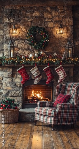 Cozy Christmas fireplace scene with stockings and a wreath