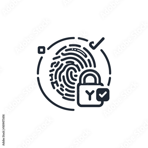 A line icon of a fingerprint scan for biometric authentication and successful security verification with a padlock and checkmarks.