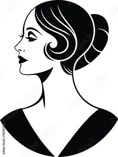 Elegant woman profile with styled hair stylized black and white