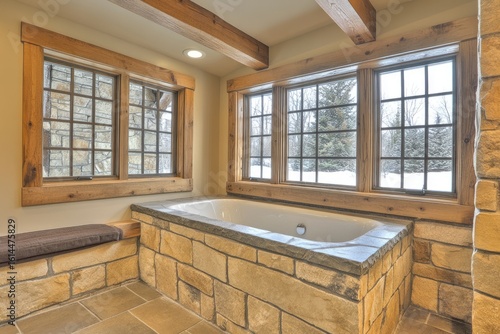 Wallpaper Mural Luxurious stone-clad bathtub nestled in a rustic-chic bathroom, featuring large windows showcasing a snowy winter landscape, wooden beams, and a built-in stone bench Torontodigital.ca
