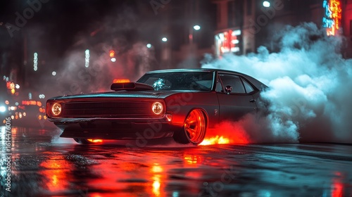 Dark muscle car drifting in wet city street at night,  smoke and flames