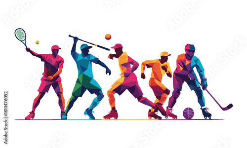 Modern vector illustration depicting a lineup of athletes representing different sports in a dynamic,  tennis, baseball, American football, soccer, basketball, boxing, and ice hockey, easily editable.