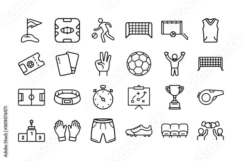 Soccer Vector Icon Set. Football field, soccer game elements, players, soccer ball, referee, goal, whistle, coach tactics, trophy, score, stopwatch, team and more. Editable stroke. Vector illustration