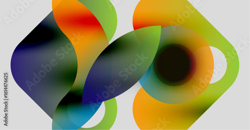 Abstract colorful shapes overlap, creating fluid forms. Gradient hues blend, suggesting movement, depth, modern design.