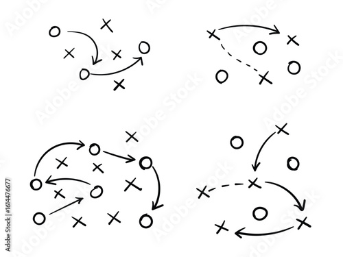 Sports tactical layout with player position and arrow, hand drawn strategy diagrams