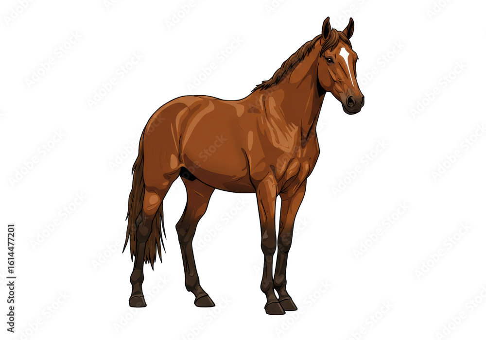 Obraz premium Realistic illustration of a brown horse standing majestically in a serene landscape