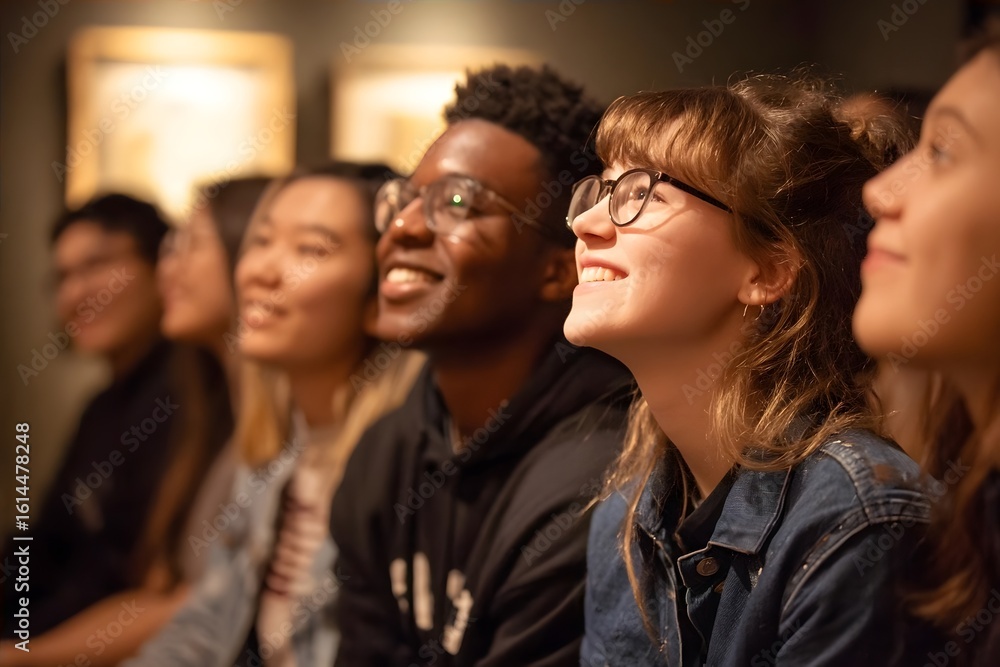 Fototapeta premium A group of young adults, smiling and enjoying a presentation in a dimly lit room.