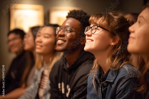 A group of young adults, smiling and enjoying a presentation in a dimly lit room.
