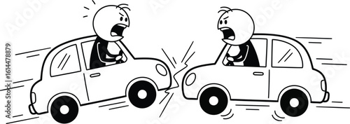 Car accident illustration: stick figures in car crash, angry drivers, road safety and collision