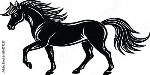 Elegant Black Horse Silhouette with Flowing Mane and Tail Illustration