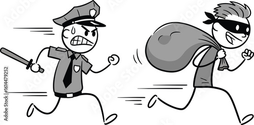 Cartoon police chase after thief running with money bag vector illustration for design needs