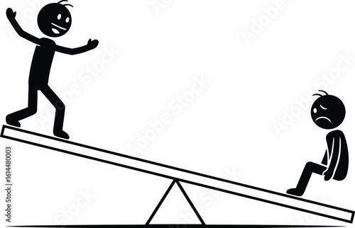 Seesaw with happy and sad stick figures representing balance and imbalance concept illustration