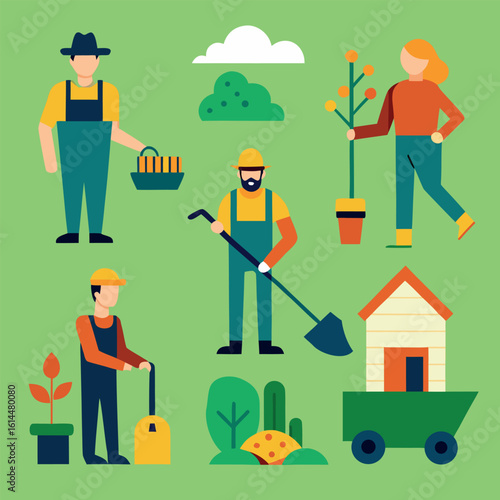 Realistic farmer and gardener working in a lush landscape