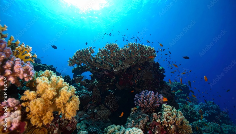Obraz premium Vibrant coral reef teeming with colorful fish under clear blue ocean water, showcasing marine biodiversity.