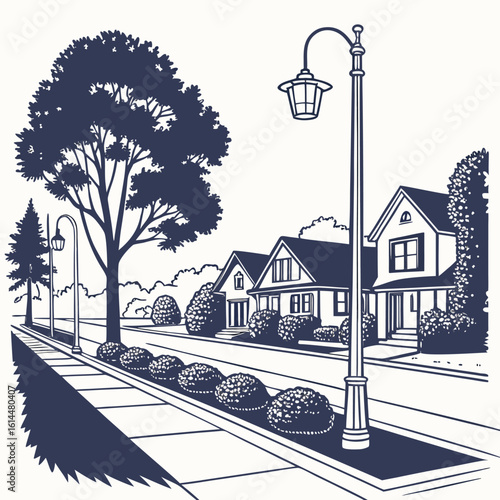 Realistic flat vector illustration of a quiet suburban street scene