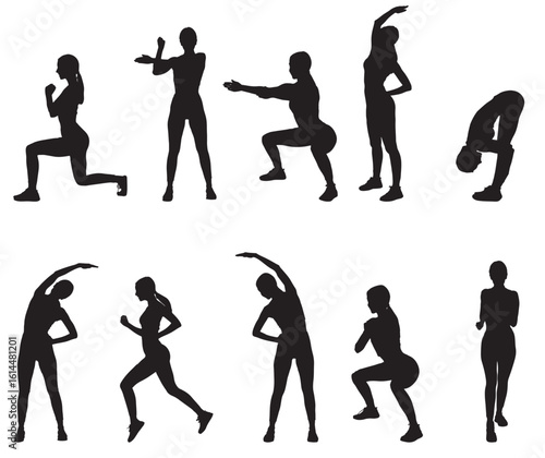 Fitness Woman Silhouette, Set of Gym Exercises on White Background. Vector.