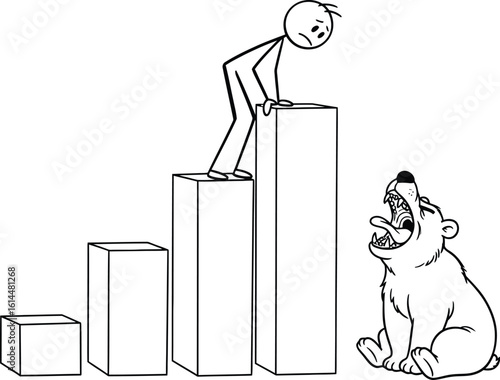 Cartoon stock market crash illustration with bear and man on graph showing financial loss risk