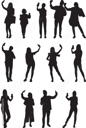 Selfie Silhouettes: People Taking Selfies Vector Illustration.
