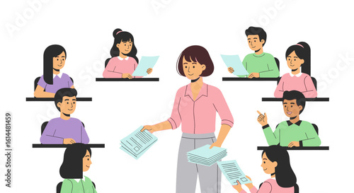 Female Instructor Distributing Documents to Students in a Classroom Setting.