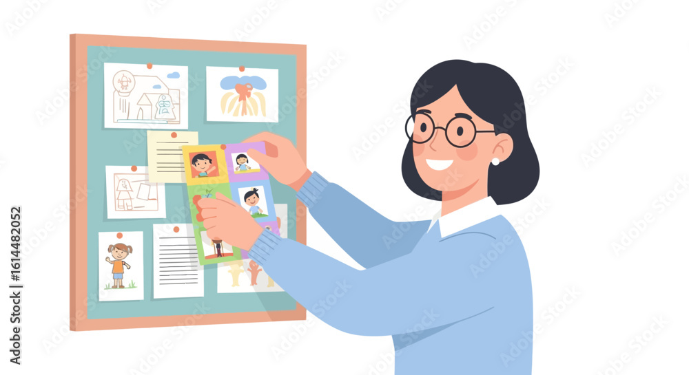 custom made wallpaper toronto digitalSmiling Woman Arranging Childrens Photos on a Notice Board.