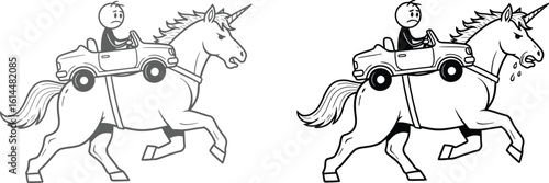 Find the differences between two unicorn images with stick figure in car on unicorn back ride