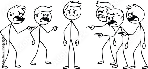 Stick figures bullying and pointing fingers at crying stickman vector illustration design art