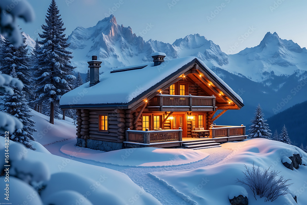 Naklejka premium Picturesque Winter Cabin Scene in a Snowy Mountain Setting with Warm Interior Lights and a Serene Outdoor Ambiance
