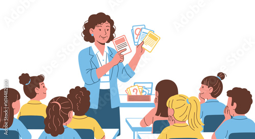 Teacher presenting flashcards to attentive elementary school students.