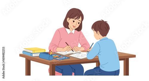 Tutoring Session Woman and Boy Studying Together at a Desk.