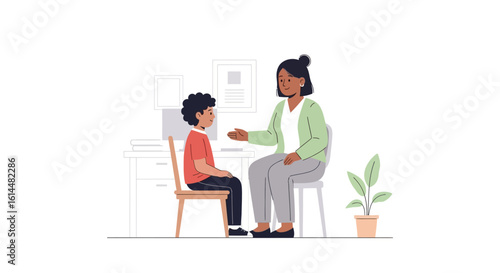 Woman and Child in Counseling Session Discussing Issues.
