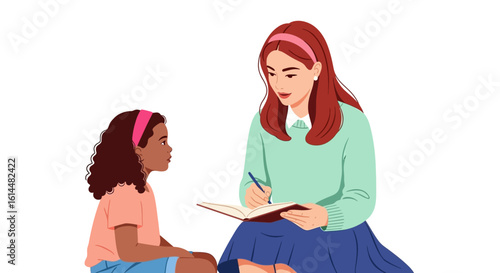 Woman Tutoring Young Girl Writing in Notebook.