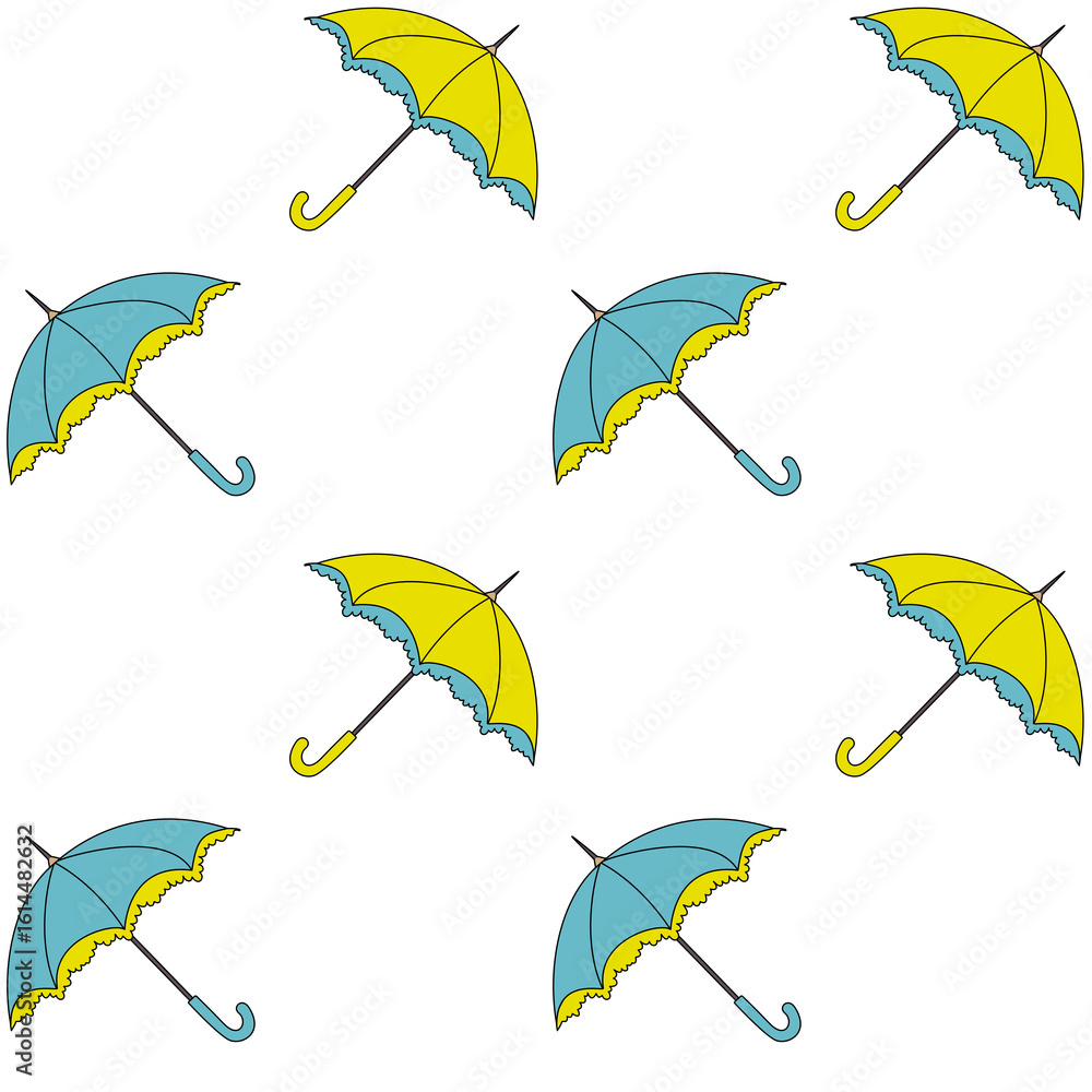 Fototapeta premium Seamless pattern with yellow and blue lace umbrellas on a white background, stylish decorative design inspired by Ukrainian national colors.