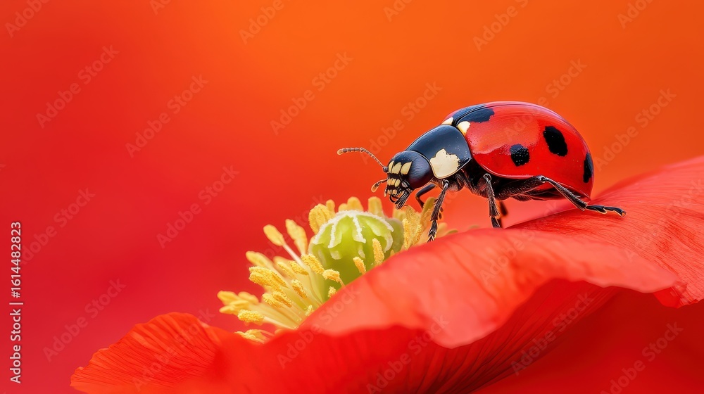 Obraz premium Close-up macro shot of a vibrant 7-spot ladybird delicately resting on the bright red petal of an Oriental poppy flower, showcasing detailed textures and colors