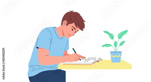 Young Man Writing in Notebook at Desk.