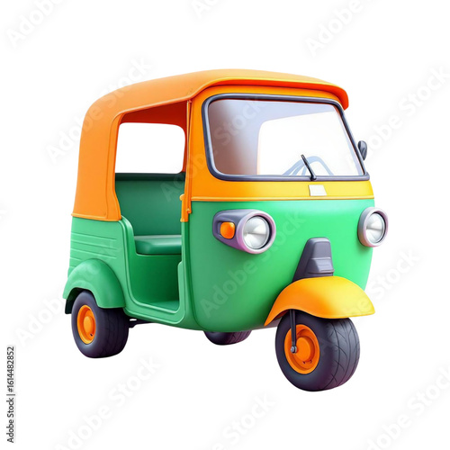 Colorful three wheeled auto rickshaw isolated on transparent background