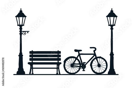 Urban Street Elements – Lamp Posts, Park Benches, Bicycle Silhouettes – Minimal Vector