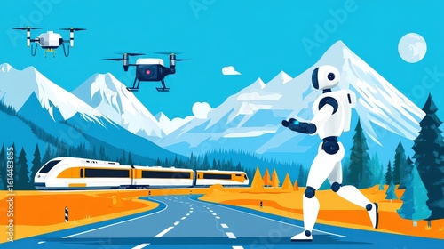 Highly-detailed vector image of a robot running along a road, surrounded by self-driving vehicles, drones above, modern AI-powered train in the distance.
