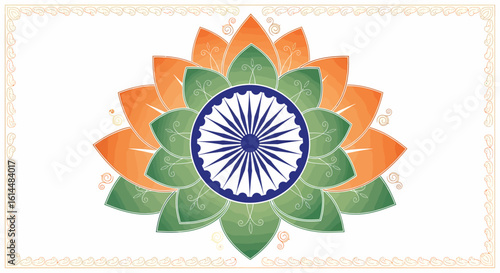 ashoka chakra, independence day india, floral tricolor lotus mandala pattern with national flag colors