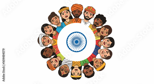 ashoka chakra, independence day india, circle of Indian faces with cultural diversity around chakra symbol
