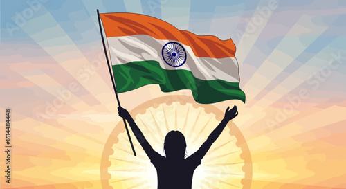 ashoka chakra, independence day india, person raising Indian flag in sunset light with joyful expression