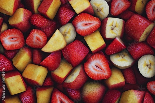 A vibrant close-up shot of a mixture of sliced strawberries and bananas, creating a colorful and textured pattern. The fruit pieces are various sizes and shapes, densely packed together.  