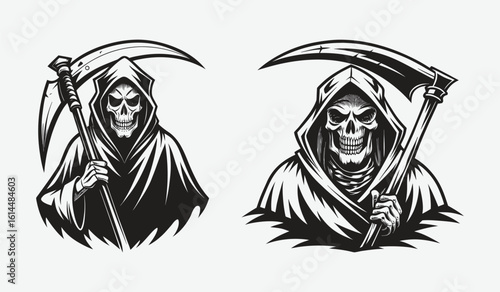 Two grim reaper figures with scythes depicted as a dark silhouette isolated on white background