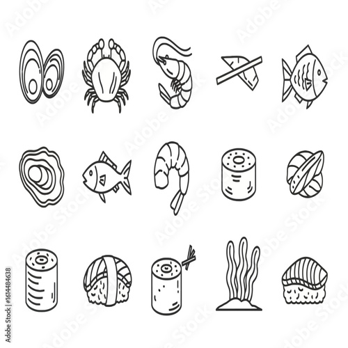 Line art illustration of various seafood items including shrimp, fish, crab, oysters, and sushi rolls.