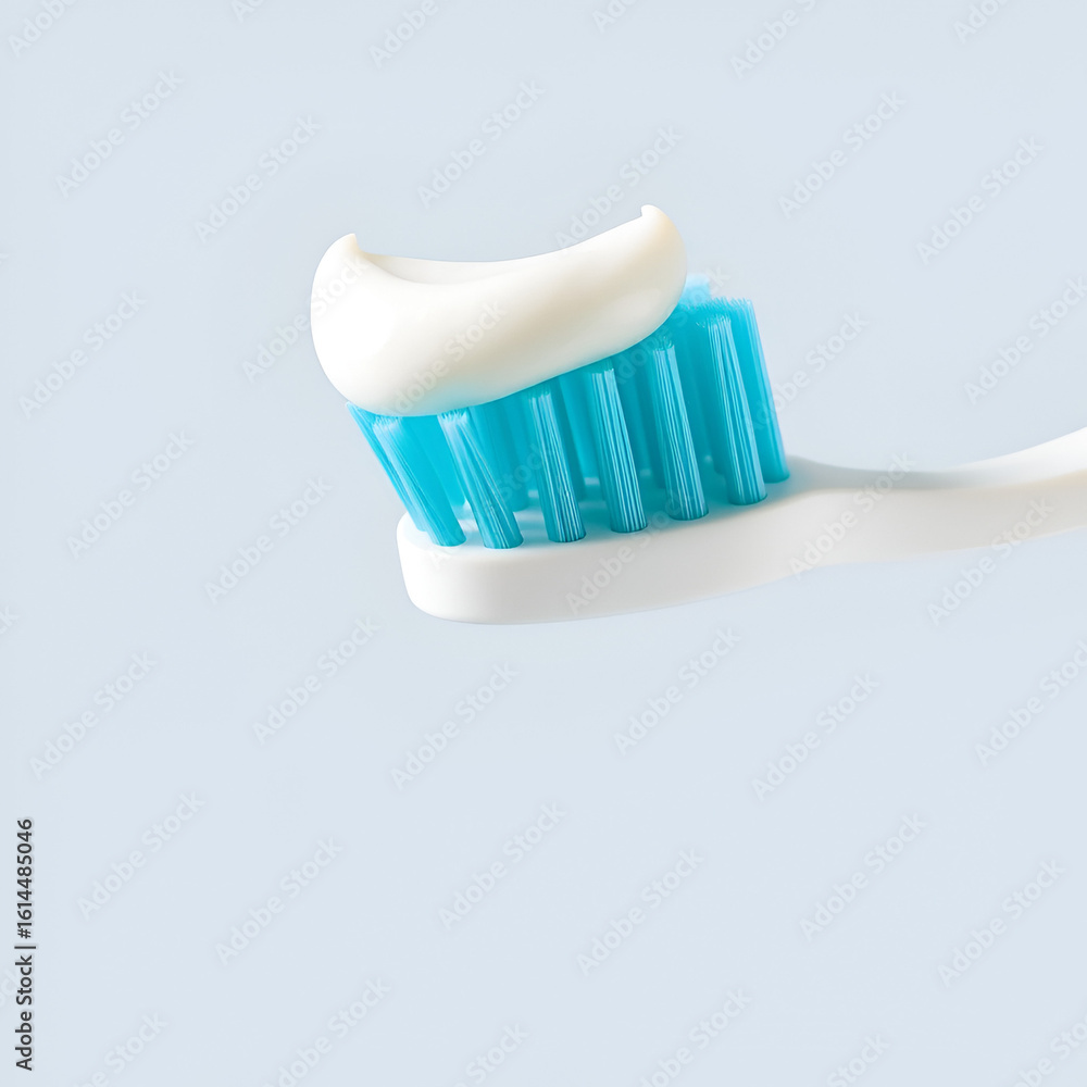 A crisp, close-up shot of a white toothbrush head with vibrant aqua-blue bristles, perfectly topped with a neat dollop of white toothpaste, suggesting readiness for daily oral hygiene A crisp, close-up shot of a white toothbrush head with vibrant aqua-blue bristles, perfectly topped with a neat dollop of white toothpaste, suggesting readiness for daily oral hygiene