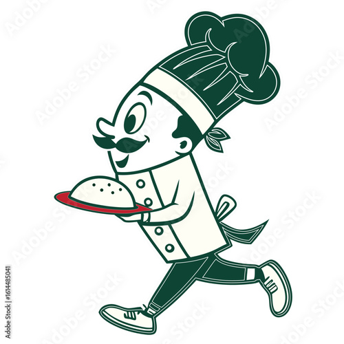 Moustache Chef Running with Covered Dish Mascot Logo