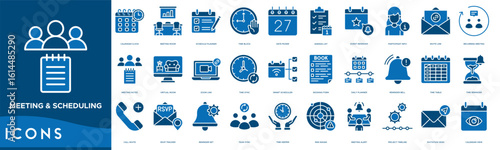Meeting and Scheduling icon set. Calendar Clock, Meeting Room, Schedule Planner, Time Block, Date Picker, Agenda List, Event Reminder and Participant Info