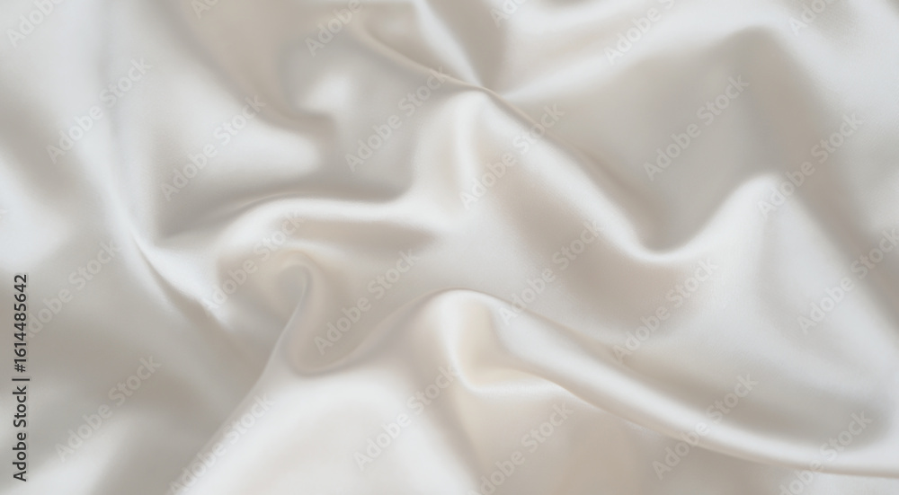 Obraz premium Macro shot of crimpled wedding dress fabric. Silky satin drapery cloth. Background with shiny wavy texture. Smooth folds shadowed. Neutral white material. Soft aesthetic. Festive style. Bedding sheet