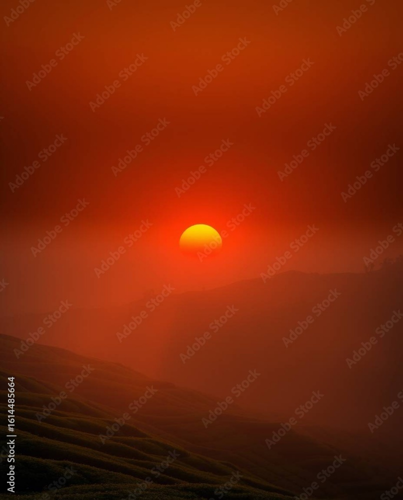 Obraz premium Volumetric lighting illuminates a sunset over terraced tea plantations, light beams piercing through dust or fog, warm reds, oranges, and yellows dominating the scene.