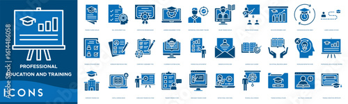 Professional Education and Training icon set. Training Course Catalog, Skill Development Plan, Certification Program Badge, Learning Management System and Professional Development Tracker
