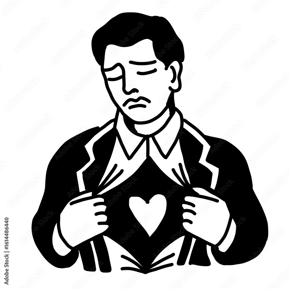 Fototapeta premium Man revealing heart illustration. Inner feelings and emotion